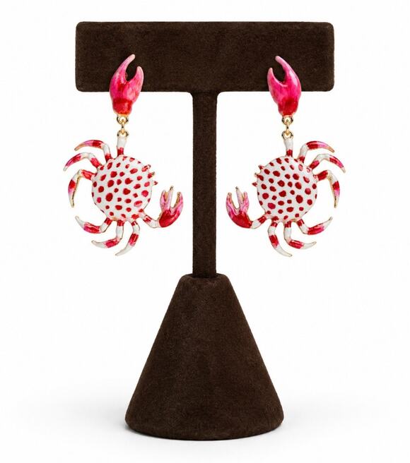 Unbranded Jewelry - Pink & White Enamel Crab Dangle Drop Earrings, Metal, Lobe, No Stone